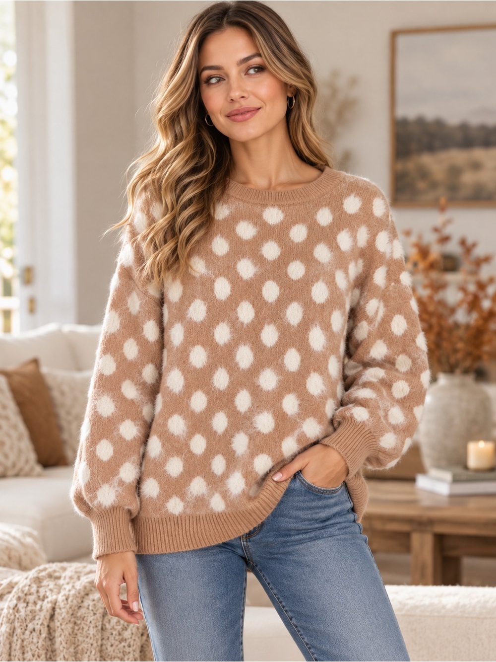 Cotton Bleu Fuzzy Polka Dot Sweater Women’s M Camel Cream Cozy Knit
